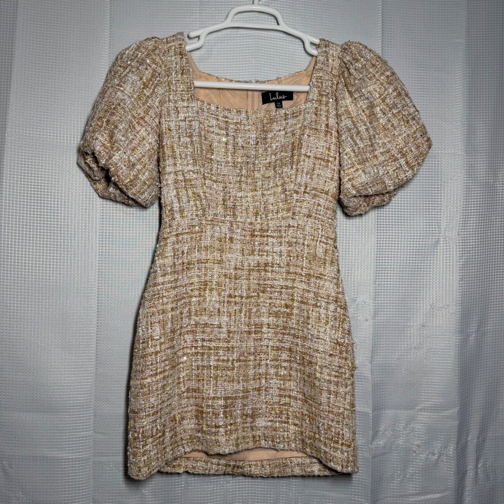 Lulus Tweed Mini Dress Gold‎ Sequin Puff Sleeve Square Neck Party Chic XS